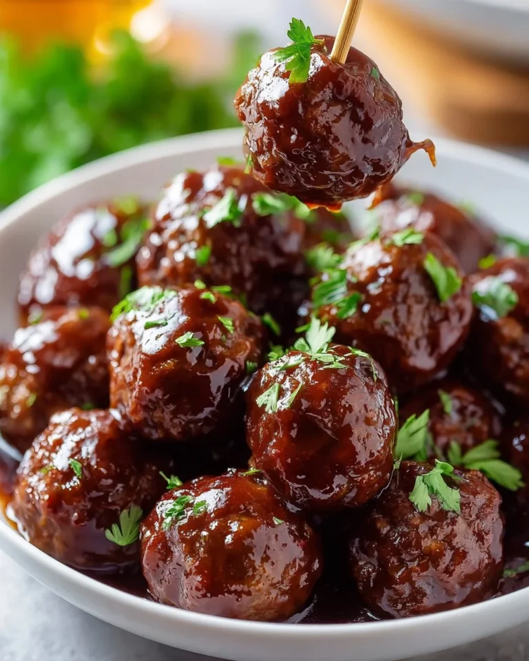 Delicious grape jelly meatballs served as an appetizer in a dish