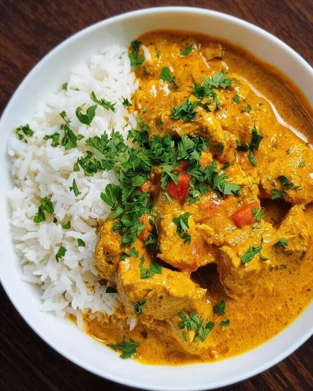 Bowl of easy healthy coconut chicken curry garnished with fresh cilantro
