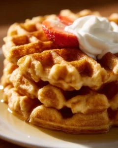 Delicious easy healthy protein waffles stacked on a plate with fresh berries