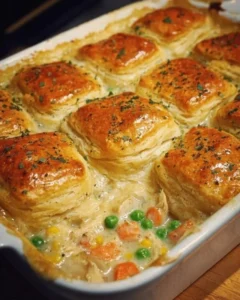 Delicious homemade chicken pot pie casserole ready to serve