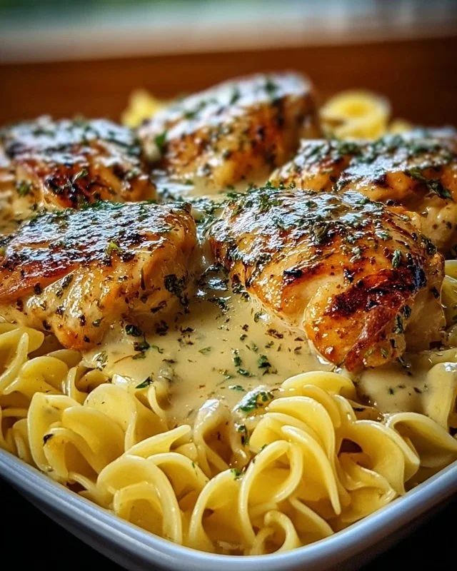 Easy one-pan chicken dish served with buttered noodles