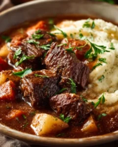 Slow Cooker Beef Manhattan served with mashed potatoes in a bowl