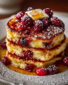 Fluffy cranberry orange ricotta pancakes stacked on a plate