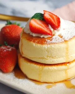 Delicious fluffy Japanese soufflé pancakes served with syrup and fruit garnish.