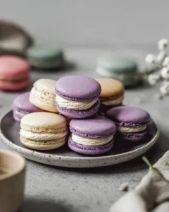 Colorful French macarons on a decorative plate
