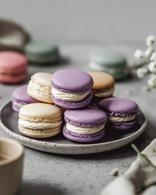 Colorful French macarons on a decorative plate