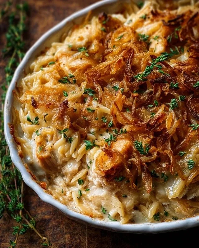 French Onion Chicken Orzo Casserole