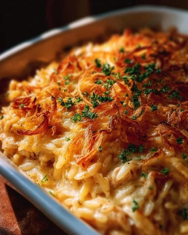 Delicious French Onion Chicken Orzo Casserole topped with cheese and herbs