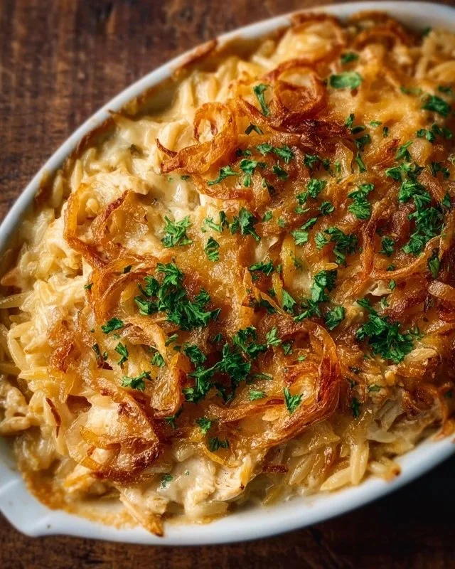 French Onion Chicken Orzo Casserole