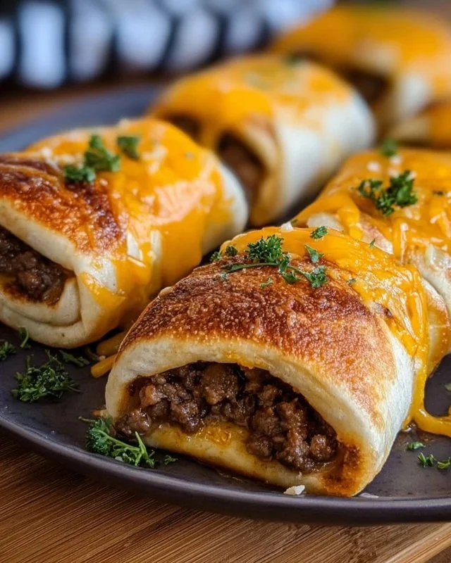 Garlic Butter Beef Cheeseburger Rollups ready to be served on a plate.