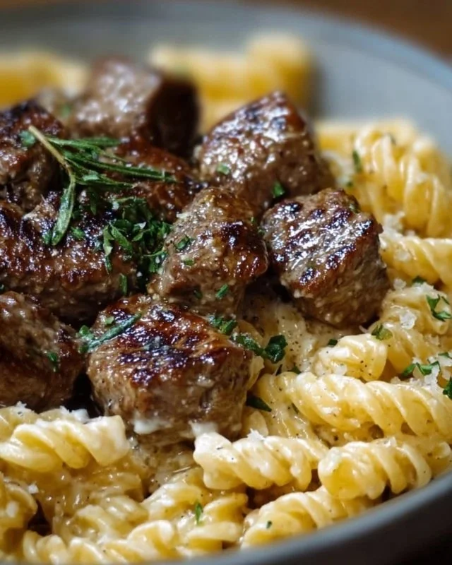 Garlic Butter Steak Bites served with creamy parmesan pasta on a plate