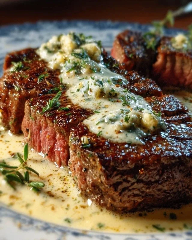 Garlic Butter Steak with Parmesan Cream Sauce on a plate garnished with herbs