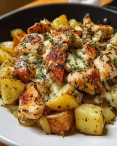Delicious Garlic Parmesan Chicken and Potatoes Skillet served in a pan.