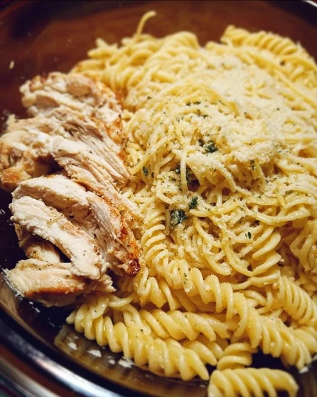 Delicious Garlic Parmesan Chicken Pasta garnished with parsley