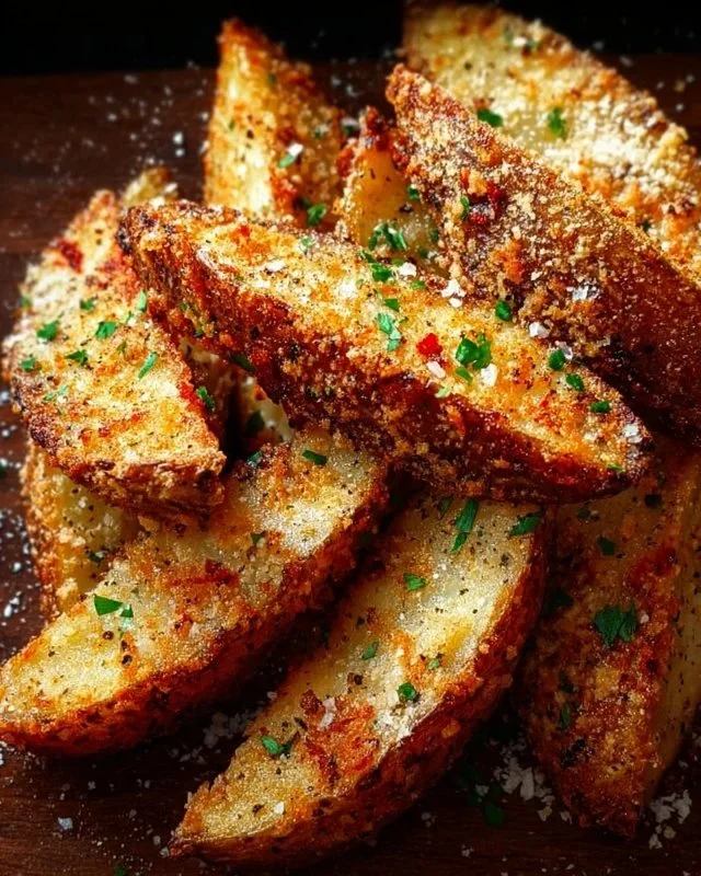 Crispy Garlic Parmesan Potato Wedges garnished with herbs on a plate