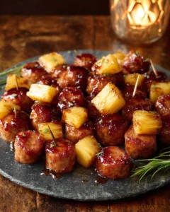 Glazed beef kielbasa pineapple bites served on a platter as an easy appetizer.