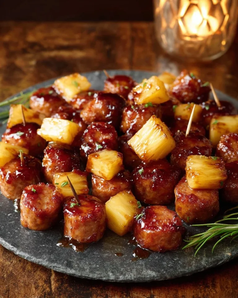 Glazed beef kielbasa pineapple bites served on a platter as an easy appetizer.