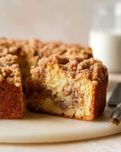Sliced gluten-free cinnamon coffee cake on a plate with coffee