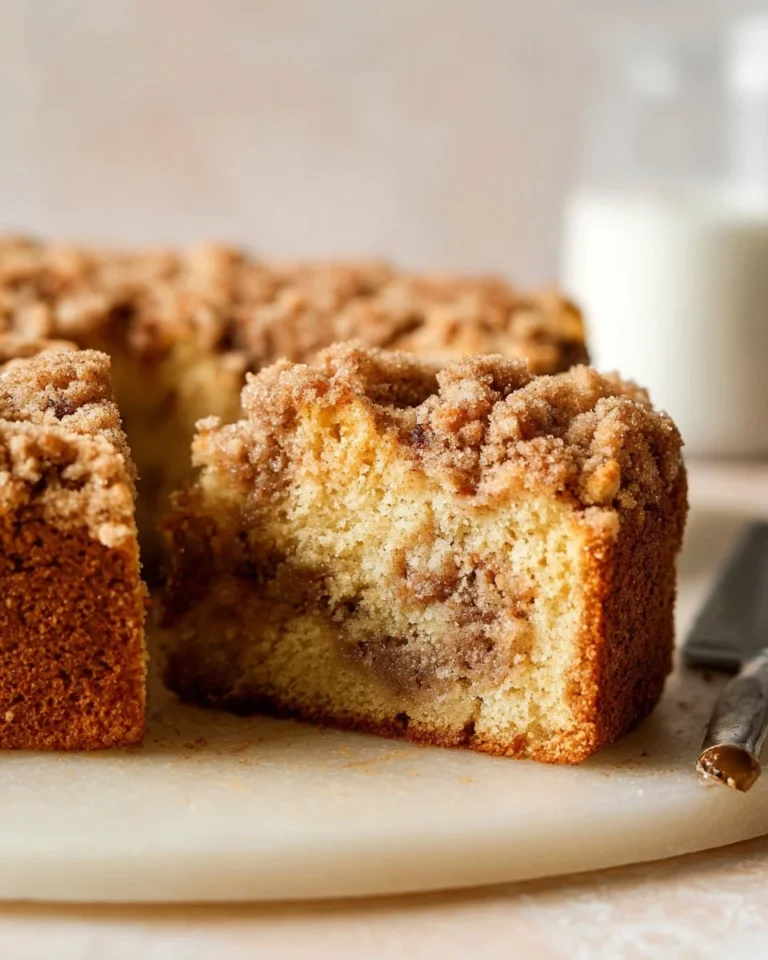 Sliced gluten-free cinnamon coffee cake on a plate with coffee