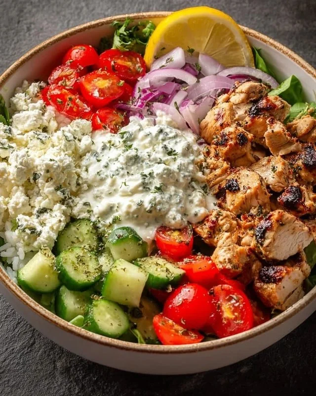 Healthy Greek Chicken Bowl with fresh vegetables and toppings