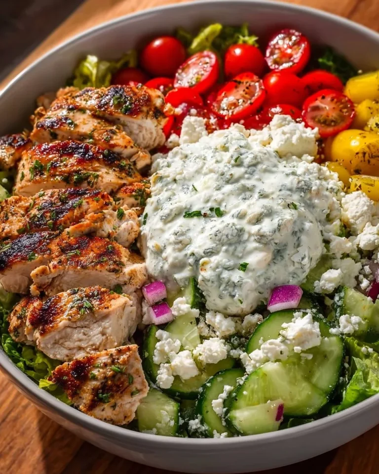 Delicious Greek Chicken Bowl with fresh vegetables and herbs.