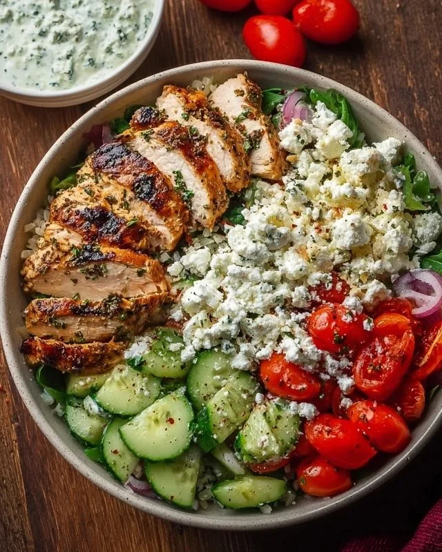 A delicious Greek chicken bowl with colorful veggies and grains