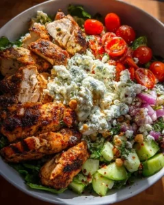 Delicious Greek chicken bowl with fresh vegetables and tzatziki sauce