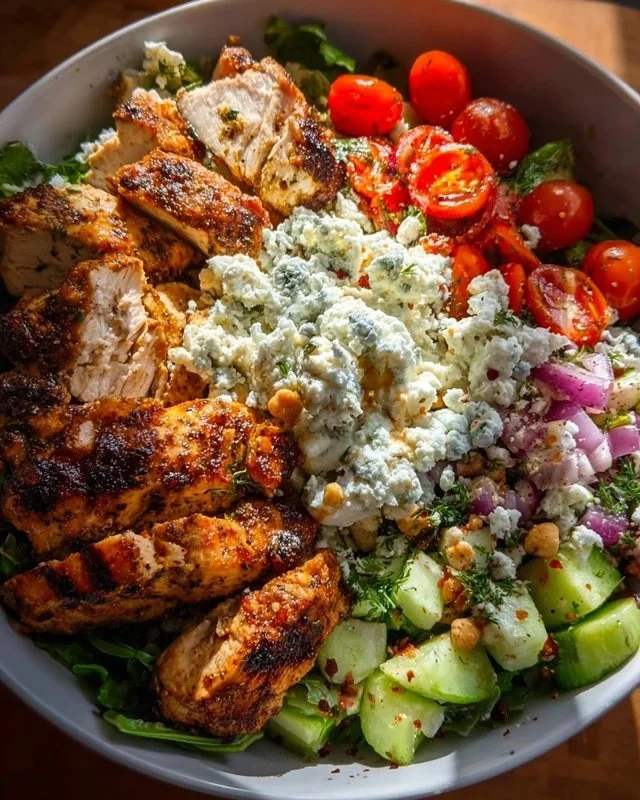 Delicious Greek chicken bowl with fresh vegetables and tzatziki sauce