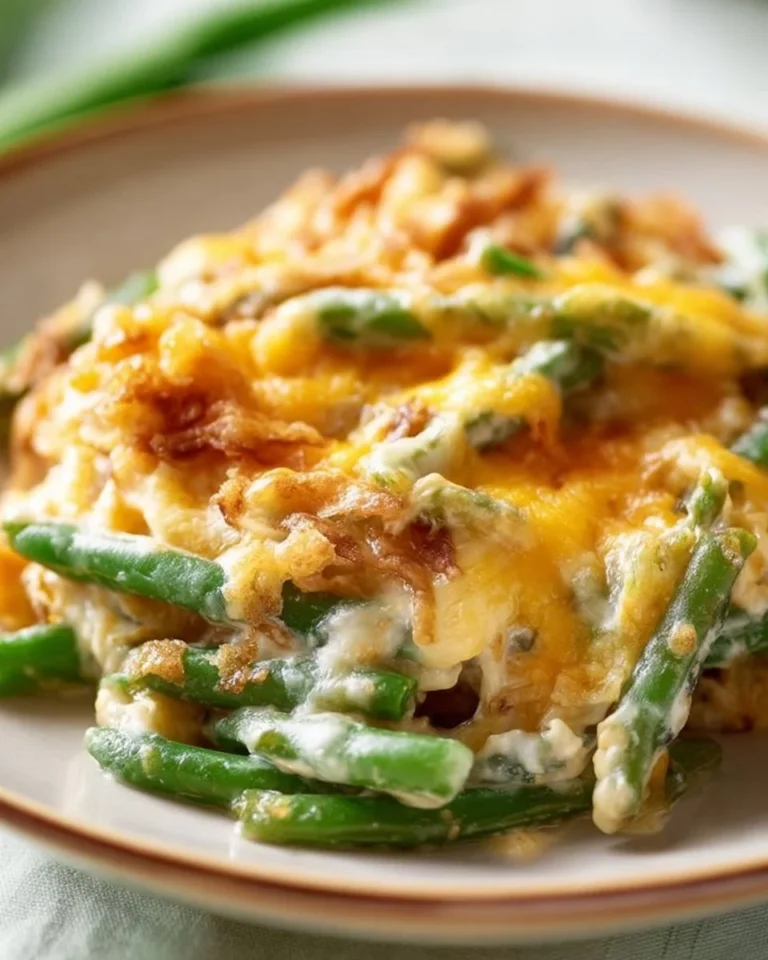 Delicious green bean casserole topped with crispy onions and served in a baking dish.