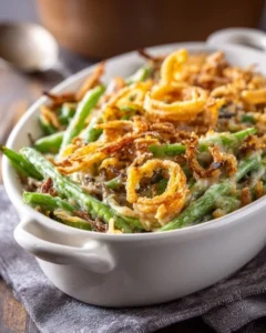 Green bean casserole with Worcestershire sauce served in a dish