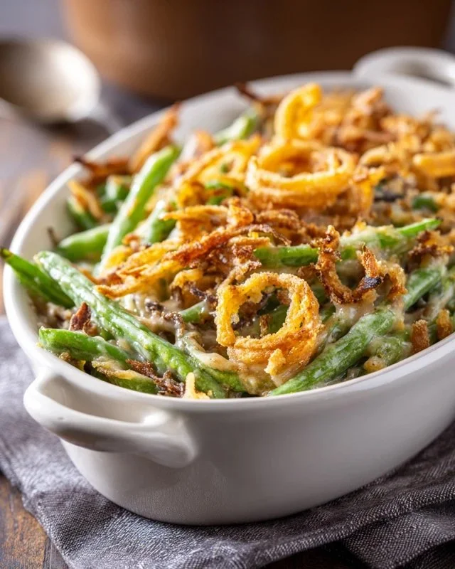 Green bean casserole with Worcestershire sauce served in a dish