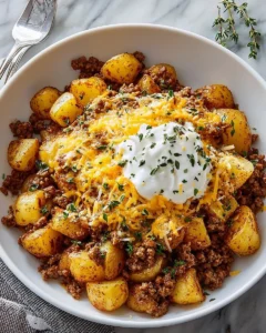 Ground beef and potatoes casserole ready to serve in a baking dish