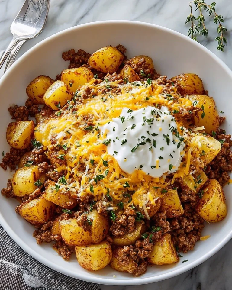 Ground beef and potatoes casserole ready to serve in a baking dish