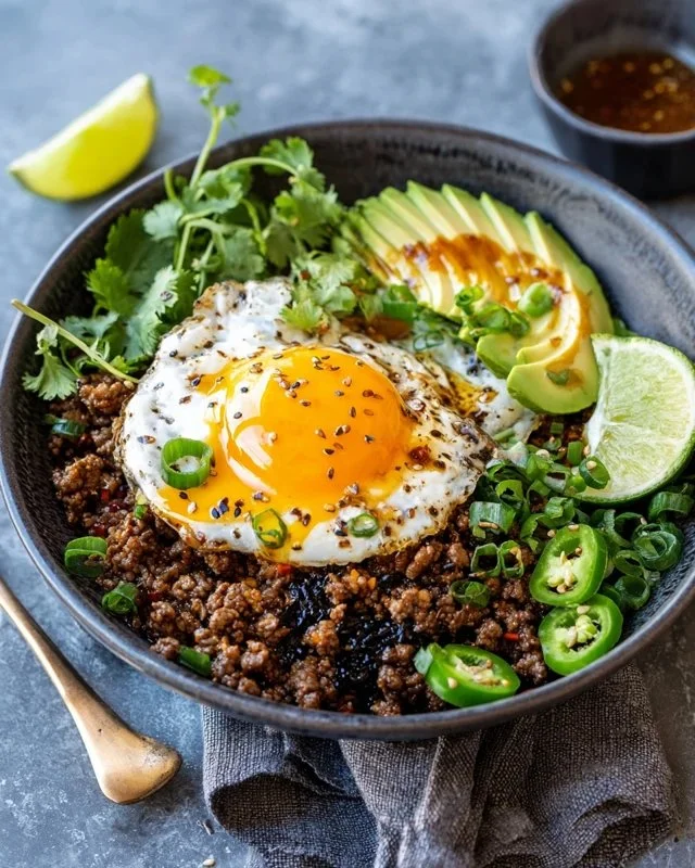 Ground Beef Hot Honey Bowl with fresh ingredients and vibrant colors