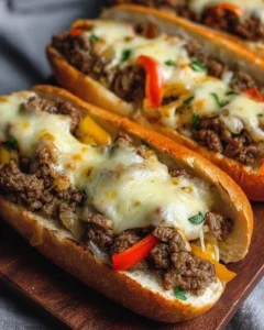 Delicious Ground Beef Philly Cheesesteaks served on a toasted roll