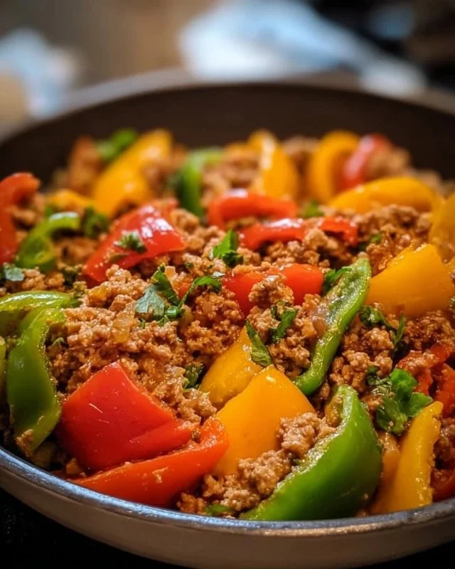 Healthy ground turkey and peppers dish served on a plate