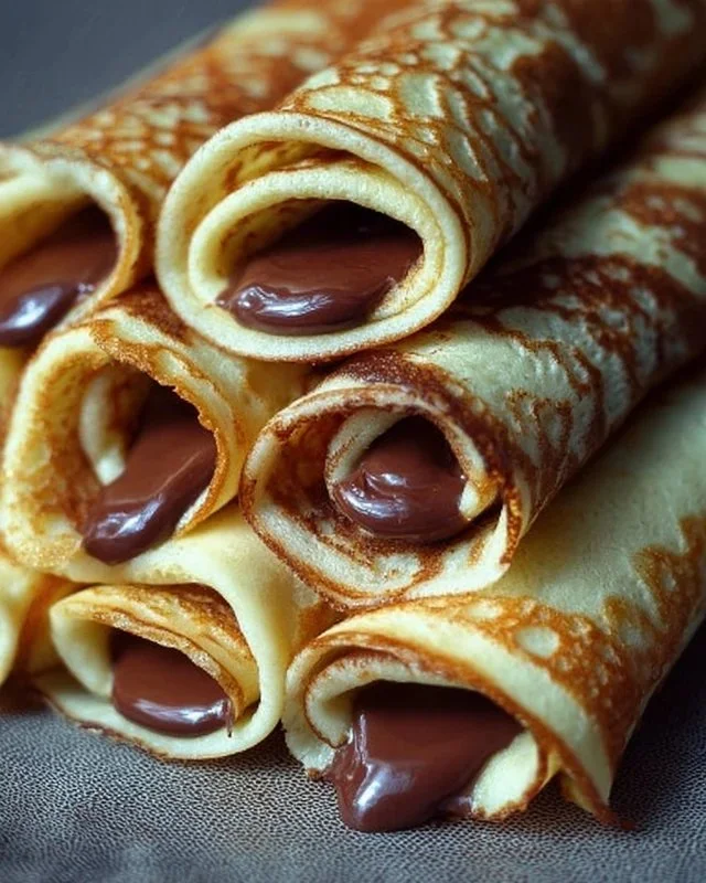 Delicious handmade chocolate-filled rolled crêpes on a plate.