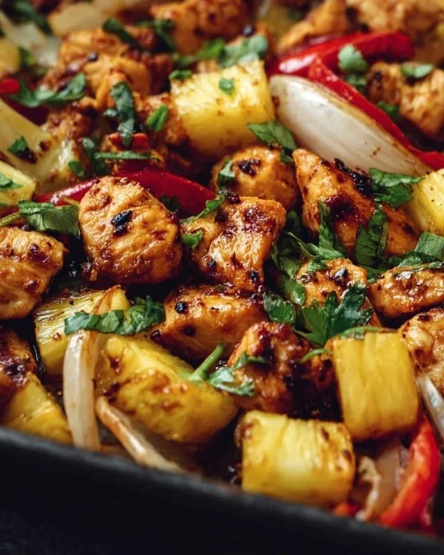 Hawaiian Chicken Sheet Pan dish with colorful vegetables and pineapple