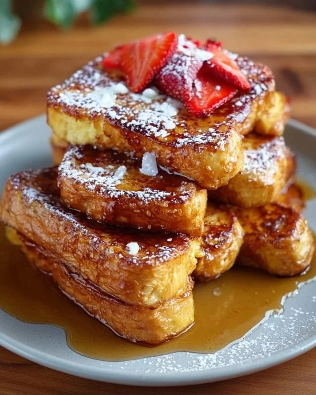 Hawaiian Roll French Toast topped with syrup and fresh fruit, served on a plate.