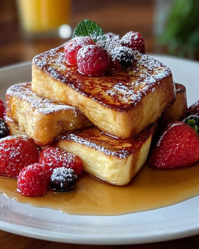 Delicious Hawaiian Roll French Toast topped with syrup and fresh fruit