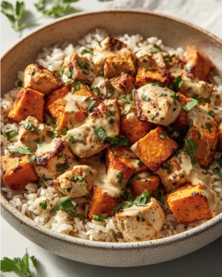 Healthy chicken and sweet potato rice bowl filled with nutritious ingredients