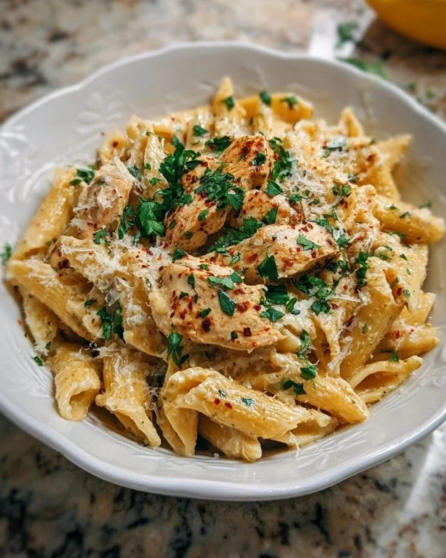 Healthy Garlic Parmesan Chicken Pasta dish garnished with parsley.