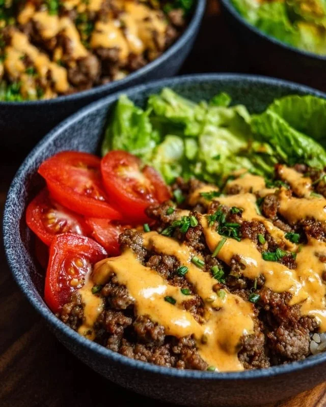 High-protein cheeseburger bowls with ground beef and burger sauce, low-carb meal prep.