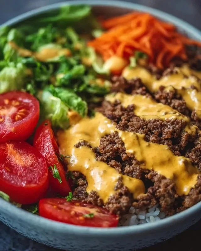 High-protein cheeseburger bowls with ground beef and burger sauce, low-carb meal prep