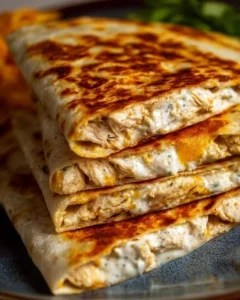 High-protein chicken ranch quesadilla with melted cheese and fresh ingredients