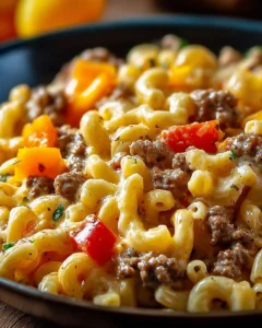 High-Protein Creamy Philly Cheesesteak Mac & Cheese with veggies and cheese sauce