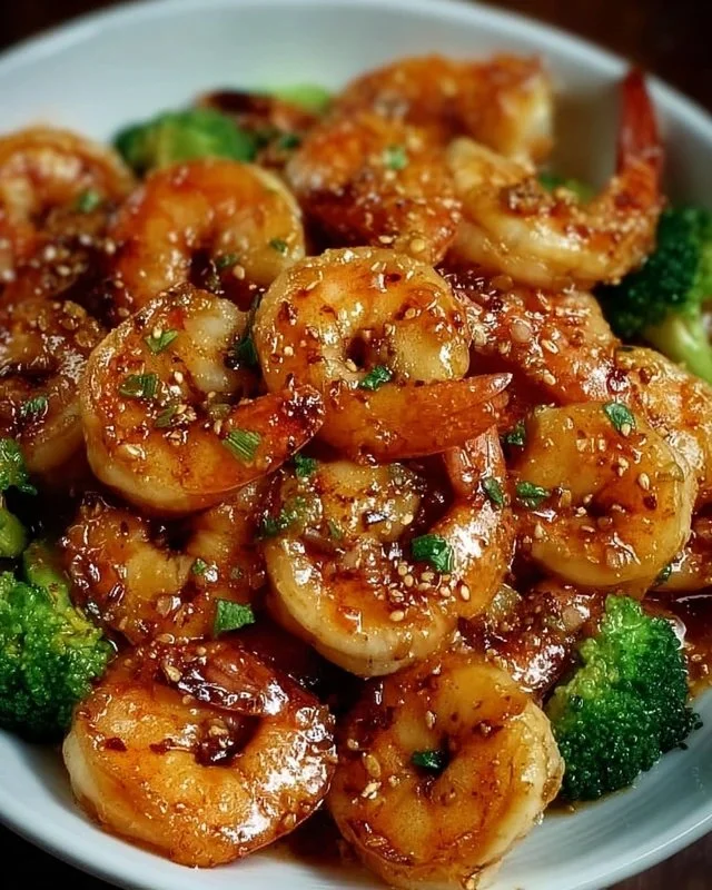High-protein honey garlic shrimp dish served with vegetables and garnished.