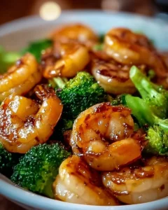 High-protein honey garlic shrimp dish served with vegetables