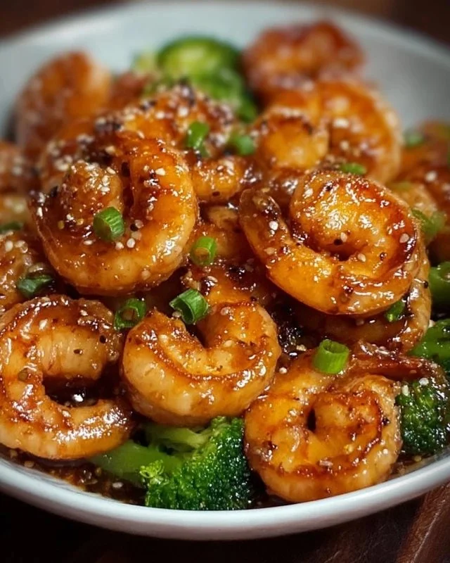 High-protein honey garlic shrimp served on a plate with garnish.