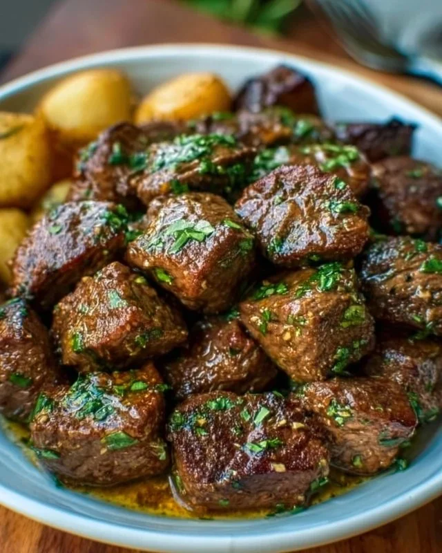 High Protein Slow Cooker Garlic Butter Beef Bites served in a bowl
